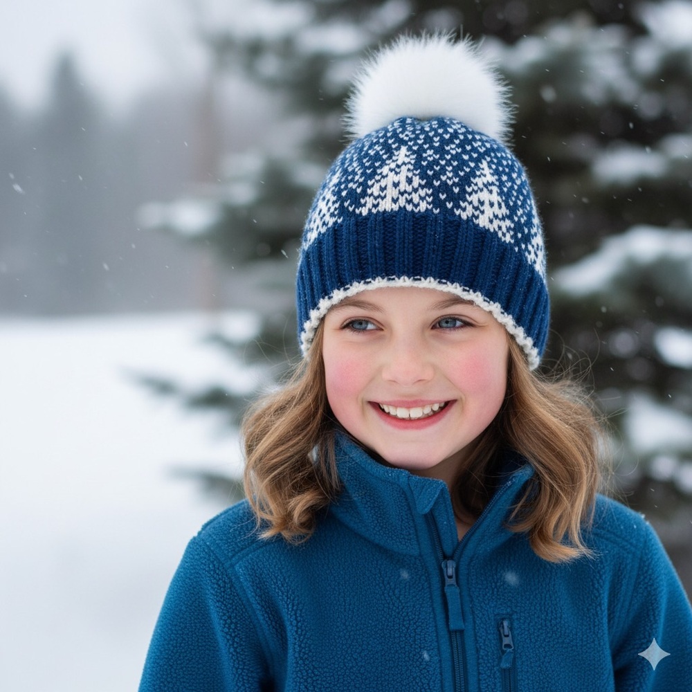 Hand knit Intarsia Kids’ Beanie Hat with Detachable Fur Pom Pom